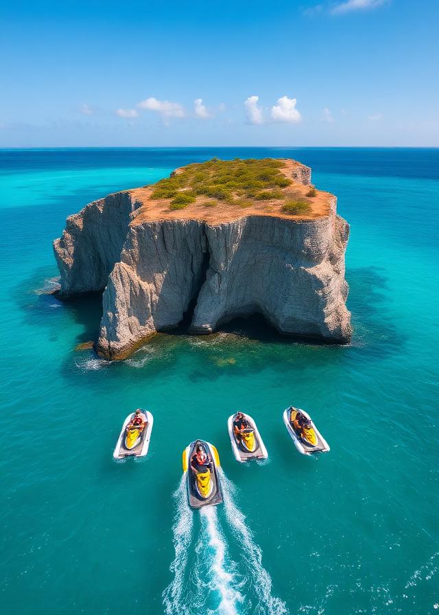 Jetskiers grouped near a Curaçao limestone cliff